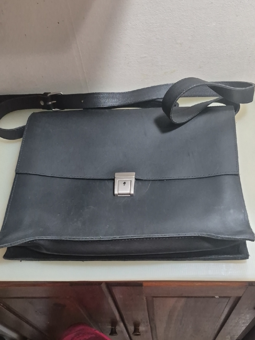 Tannery West Black Leather Briefcase Messenger with Silver Clasp